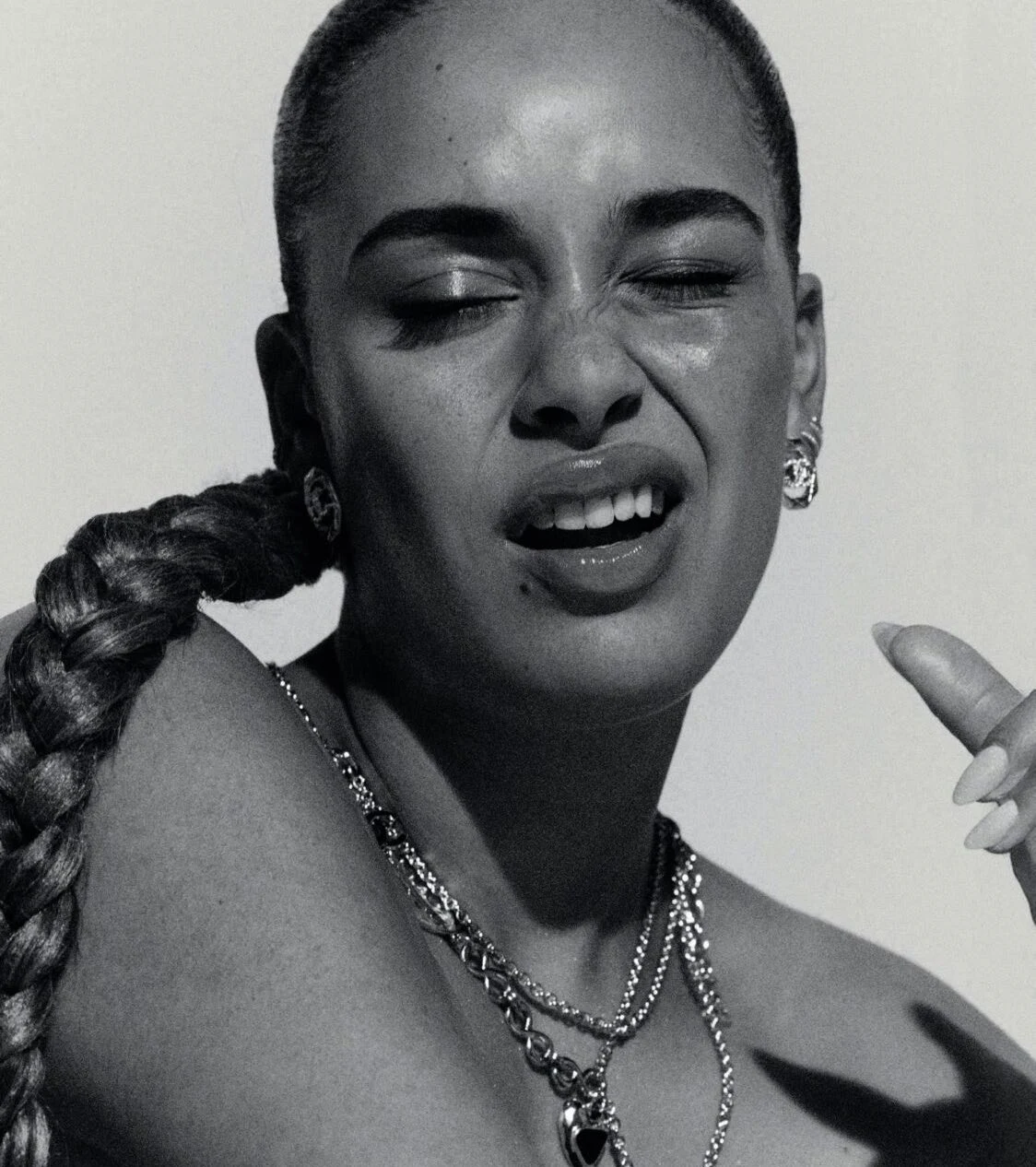 Black-and-white portrait of Jorja Smith for British Vogue