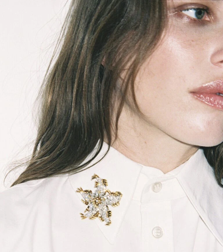 Close-up of a white shirt with a jewelled brooch
