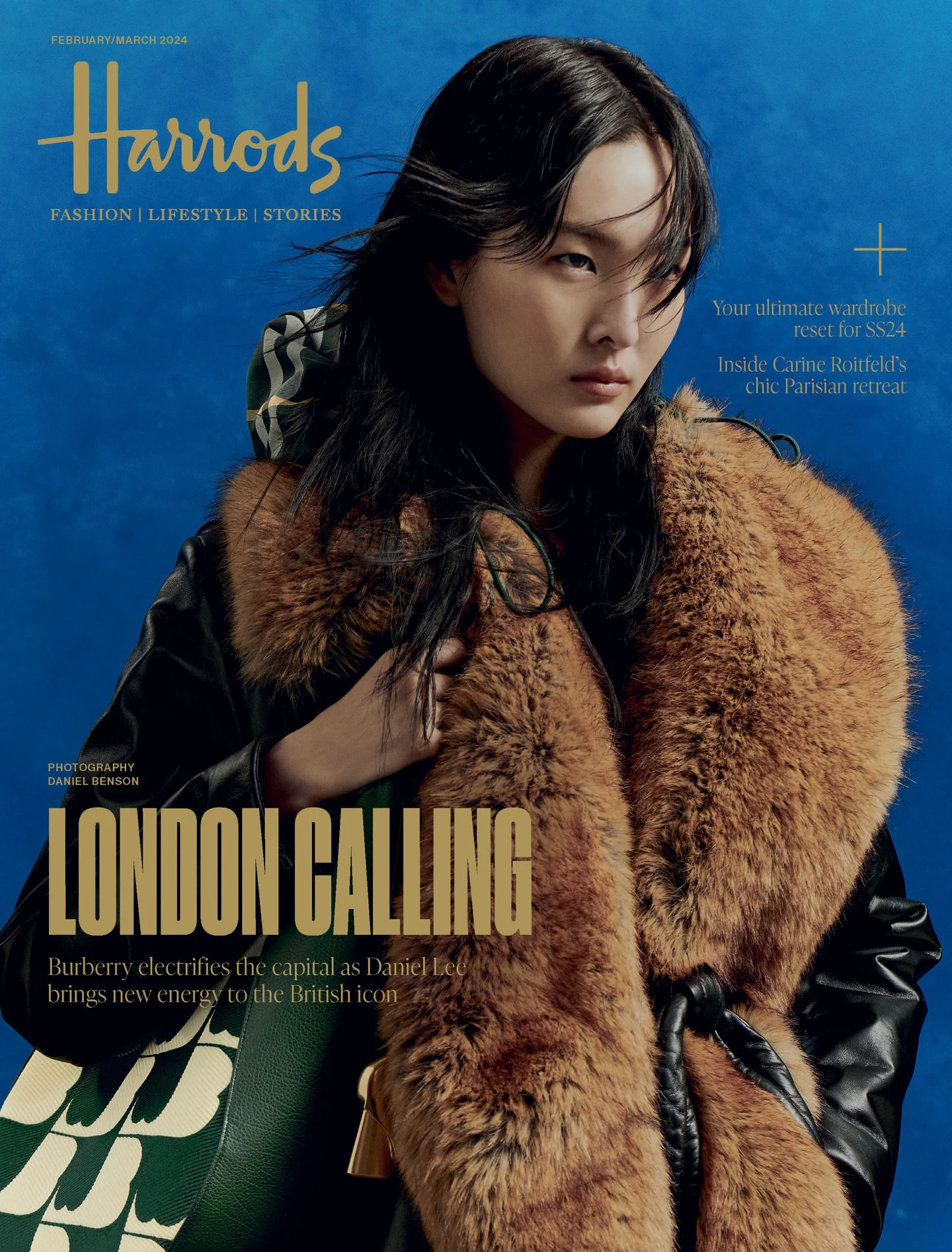 Burberry fashion on the February/March 2024 cover of Harrods Magazine